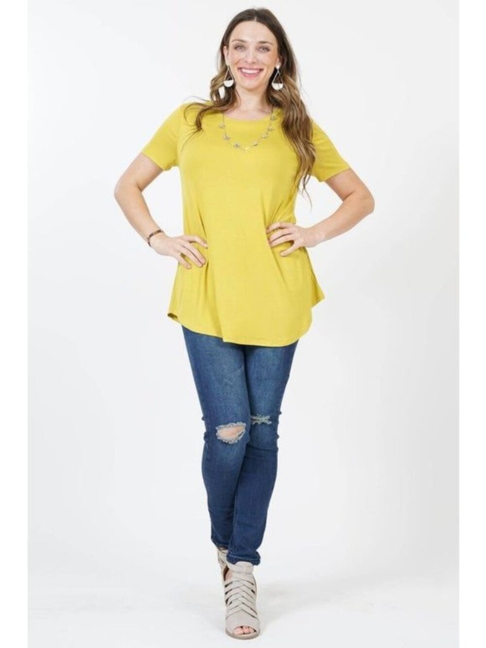 Yellow Short Sleeve A-Line Tunic Top For Women 1X